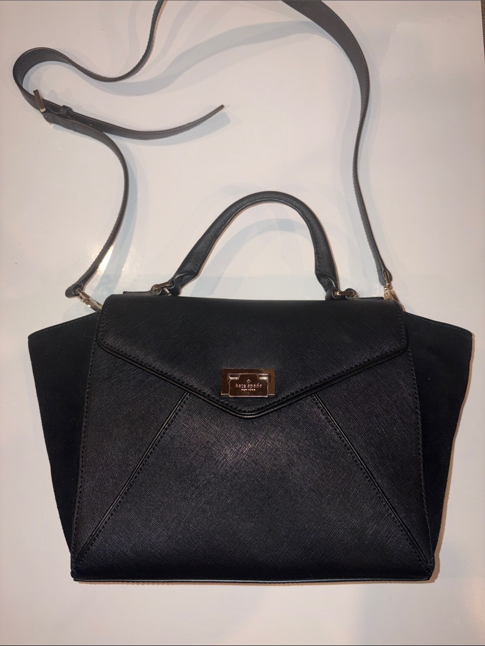 Kate Spade Genuine Leather Black Satchel with Top Handle and Detachable Strap